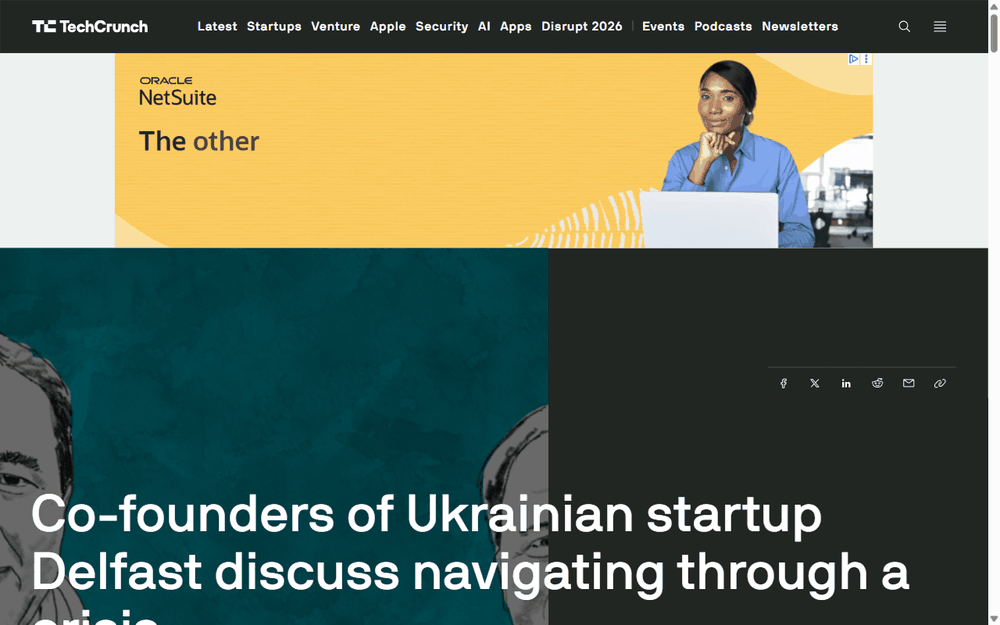 TechCrunch screenshot: Co-founders of Ukrainian startup Delfast discuss navigating through a crisis