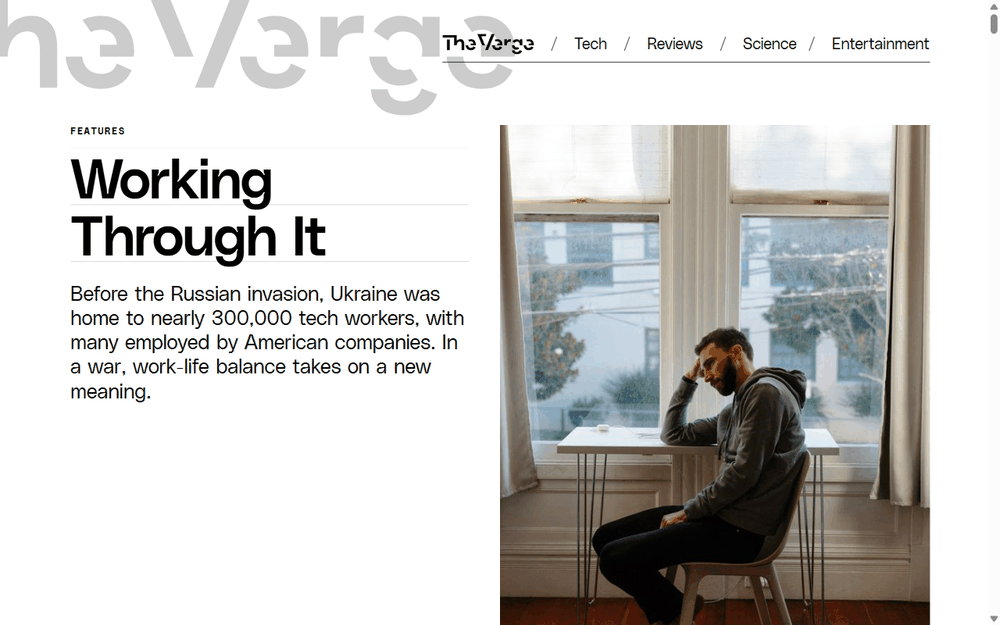 The Verge screenshot: Working Through It, coverage of Ukrainian tech workers during the war