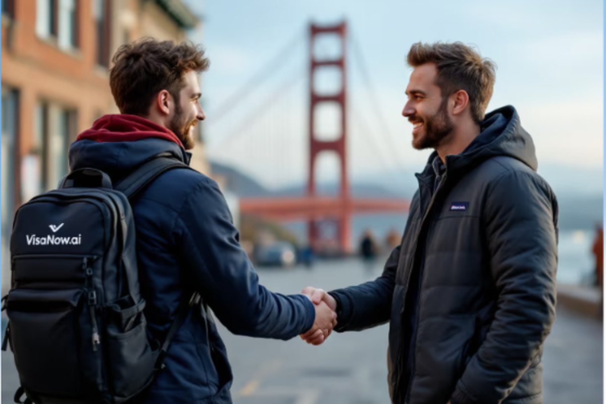 Two people shaking hands in San Francisco, one carrying a VisaNow.ai backpack